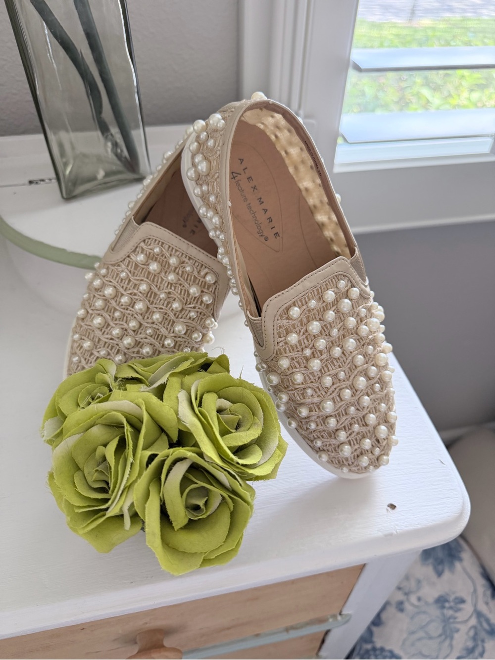 Alex Marie Women’s Pearl-Embellished Cream Slip-On Flats